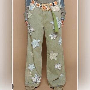 POL Olive Star Patch Wide Leg Pants